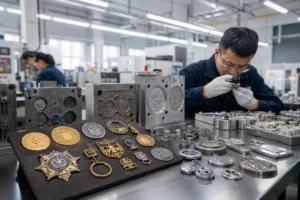 A realistic manufacturing scene featuring multiple custom metal product categories during early production and inspection.