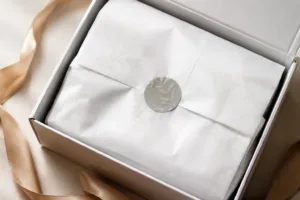 A luxury product is wrapped in custom tissue paper and sealed with branded stickers, ready for unboxing in a high-end packaging setting.