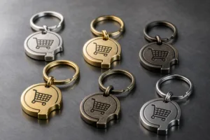 A polished product-focused image showing multiple trolley coin keychains in different shapes and finishes for branding comparison.