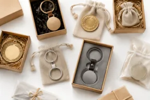 A collection of metal gifts, including medals and keychains, are elegantly presented in sustainable packaging such as recycled boxes and reusable pouches. This image captures the essence of eco-friendly choices in the luxury gift industry.