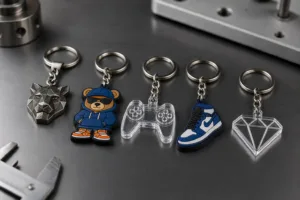 A professional material comparison image showing three custom keychain types for B2B buyers evaluating design and finish options.