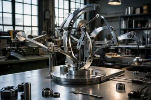 A realistic fabrication scene highlighting the structural and mechanical planning behind a kinetic metal sculpture.