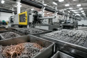 A highly detailed factory environment featuring both eco-friendly materials and premium metal components, highlighting technological transformation in metal design for 2026.