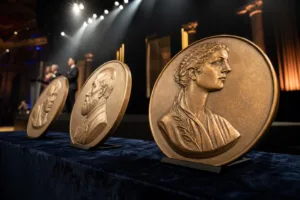 An eye-catching arrangement of oversized medals, set as trophies for a high-profile event, with polished metal finishes emphasizing their bold design.