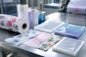 Printed polybags and standard OPP bags exhibited together to highlight their material differences and visual presentation under professional lighting.