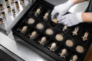 A professional packing line handles high-end metal items, showing custom foam inserts designed to prevent scratches and dents during shipping.