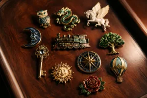 A curated assortment of vintage pins and retro designs bathed in warm light, showcasing craftsmanship and material detail.