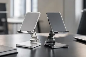 A clean visual comparing aluminum and zinc desktop phone stands to show differences in finish, form, and perceived weight.