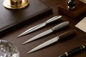 A high-end commercial image showing several metal letter openers styled on an executive desk to highlight material choice and brand presentation.