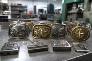 A realistic manufacturing-style image showing several custom buckle samples with different corporate logo and anniversary design directions.