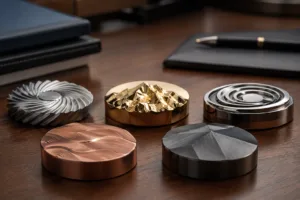 A premium visual showing different executive-style metal paperweight designs suitable for corporate gifting programs.