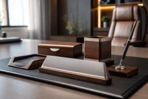 A premium executive desk set showcasing coordinated materials, refined finish quality, and practical desktop organization.