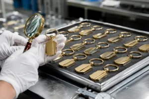 A premium workshop scene showing polished gold-tone keychains under inspection, highlighting finish quality and upscale metal craftsmanship.