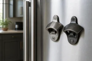 A realistic kitchen scene showing several magnetic bottle opener styles mounted on a refrigerator for easy access.