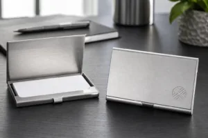A professional product image showing different metal holder materials and surface styles for branded business card presentation.