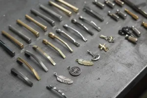 A detailed product-style image showing multiple material options for custom pen clips and charms.
