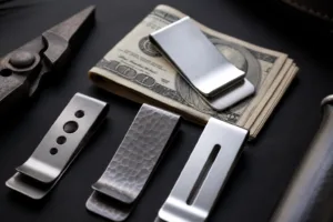 A premium visual showing different metal money clip styles for size, finish, and carry comparison.