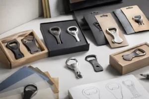 A professional sample review scene showing several bottle opener packaging concepts for B2B branding decisions.