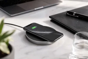 A premium office wireless charger featuring a sleek metal housing and minimalist desk setup.