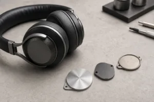 A close-up scene showing headphone housings and multiple sample metal plates for branding and trim evaluation.