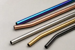 A professional product image showing multiple stainless steel straw styles and finishes for buyer comparison.