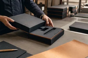 A realistic manufacturing-style image showing a premium rigid gift box with dark materials and refined metallic accents for men's corporate gifting.