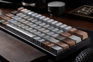 A realistic premium gaming keyboard scene showing metal keycaps with a polished and brushed surface mix.
