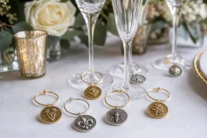 A refined event styling image showing custom metal wine charms beside wine glasses, highlighting their use as personalized wedding accessories.