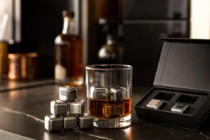 A polished product scene showing reusable stainless steel ice cubes styled for premium beverage gifting and brand positioning.