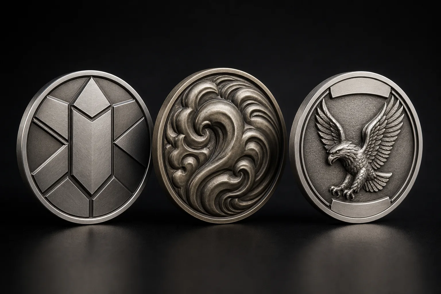 Side-by-side comparison of planar, sculpted, and hybrid challenge coin relief