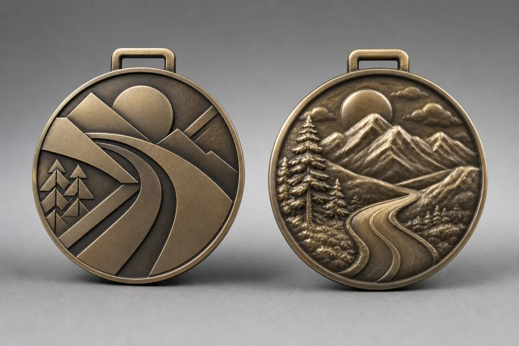 Side-by-side custom medals showing flat graphic relief and sculpted rounded relief