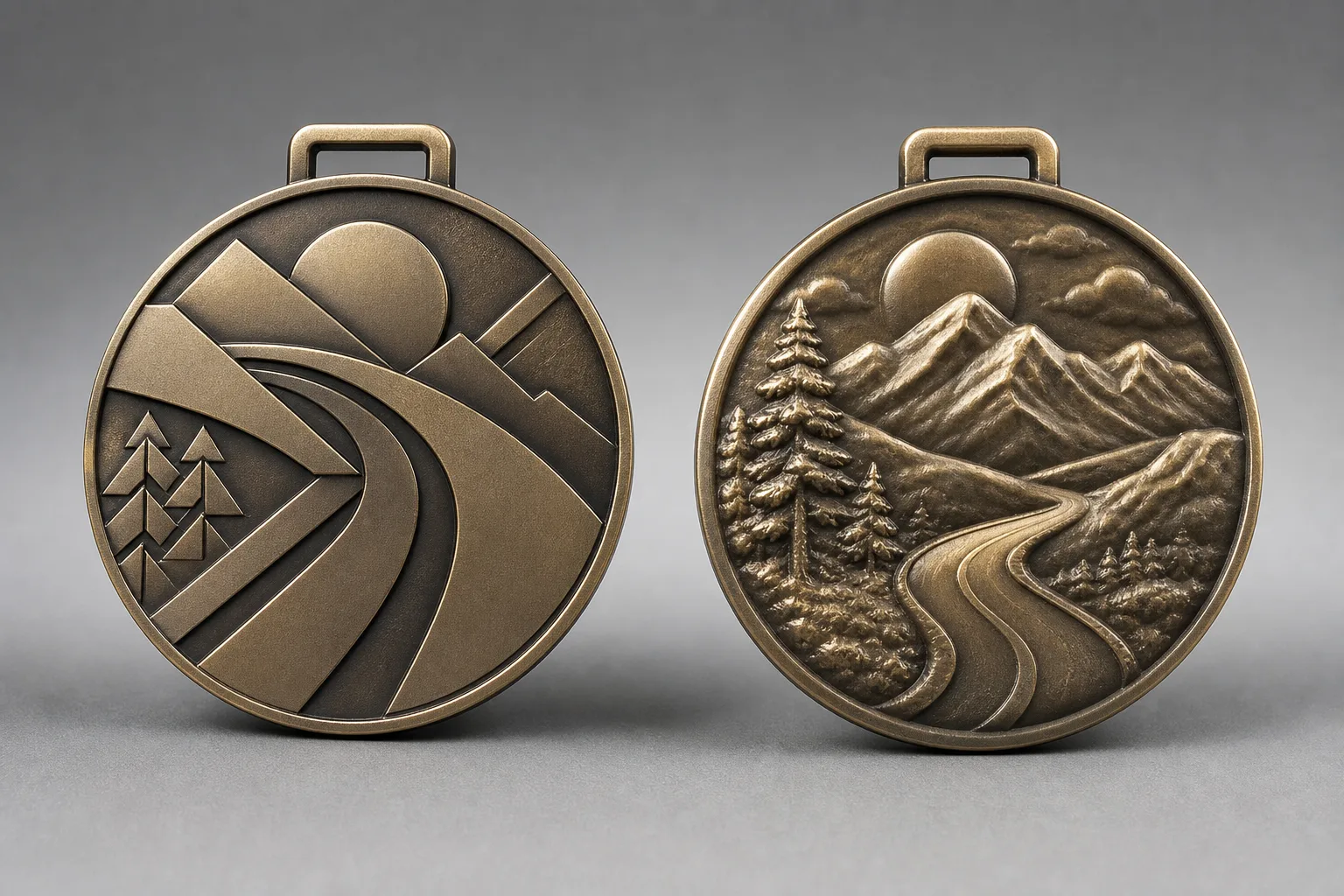 Side-by-side custom medals showing flat graphic relief and sculpted rounded relief