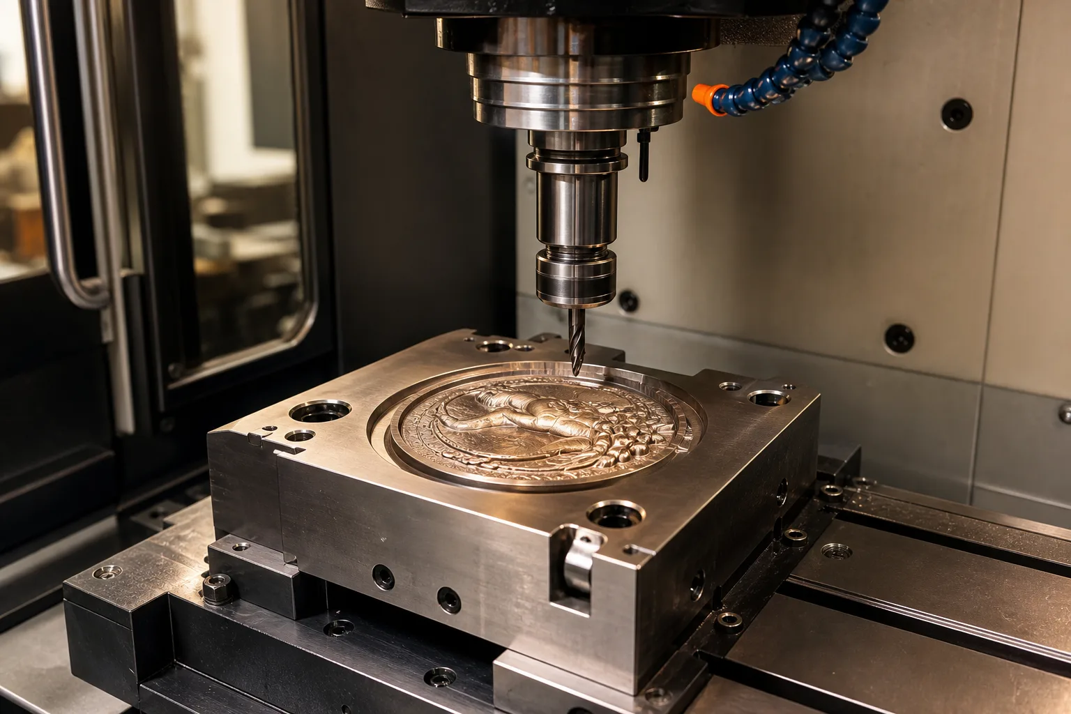 CNC engraving creates detailed mold geometry for a sculpted custom metal medal