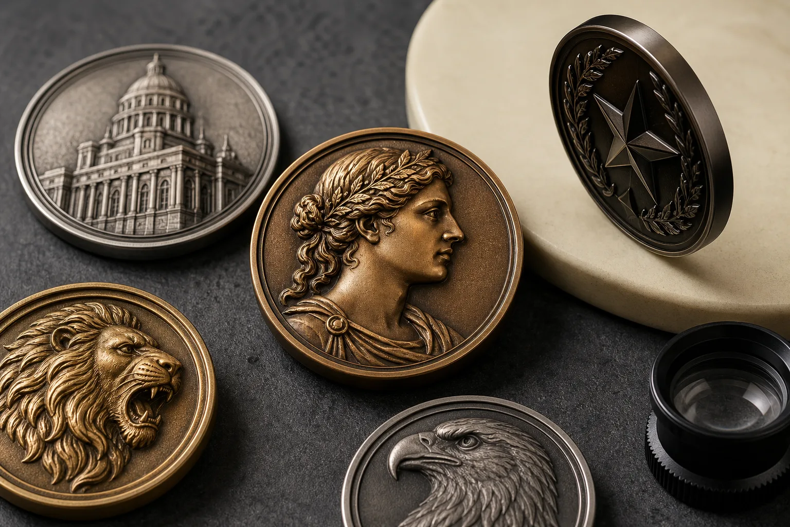 Custom 3D relief medals displaying sculpted portraits, architecture and layered metal depth