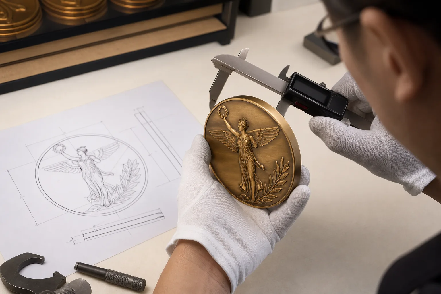 Inspector checks first-article medal thickness and relief detail against a technical drawing