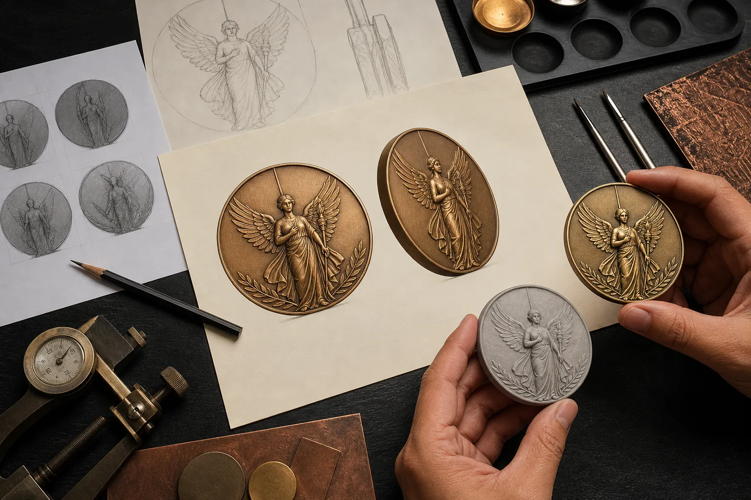 Angled references and metal sample clarify shape for sculpted medal artwork development