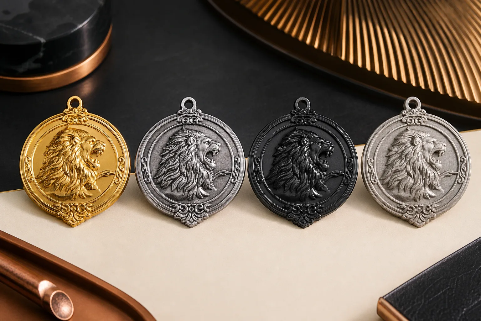 Matching sculpted medals compare plated, antique, black nickel and matte finishes