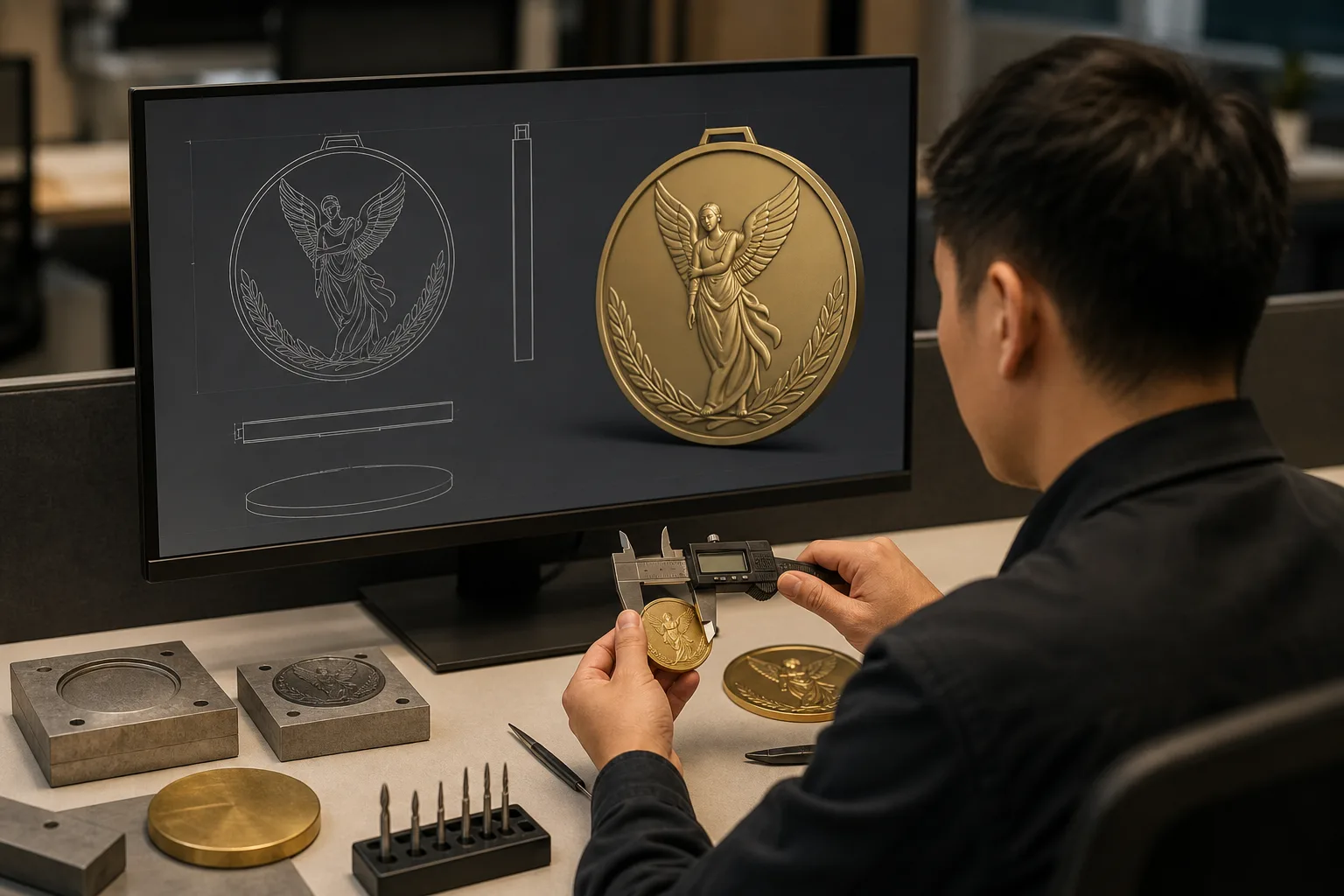 Engineer reviewing digital artwork and a physical custom medal sample