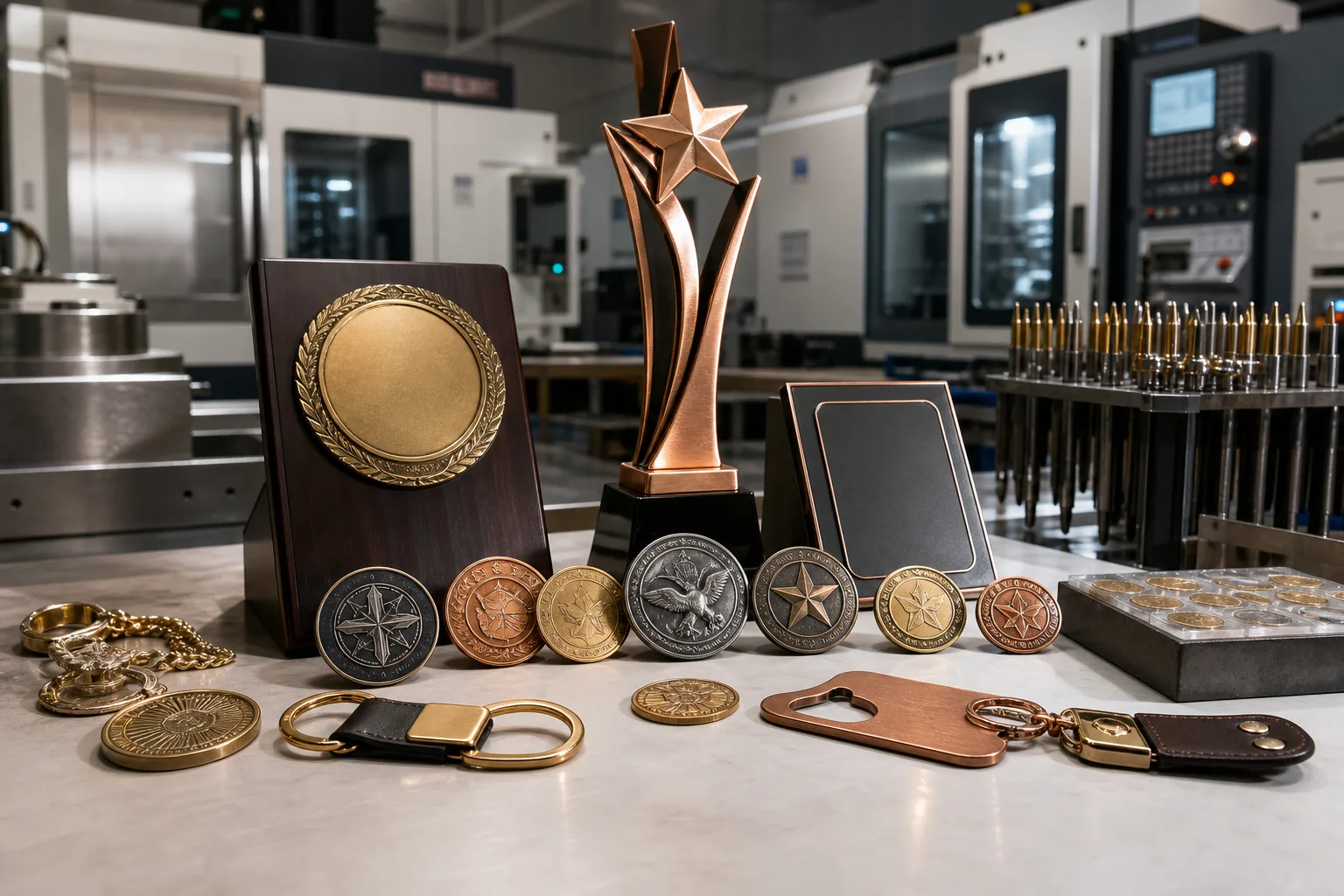 Custom metal products displayed against an organized precision manufacturing facility