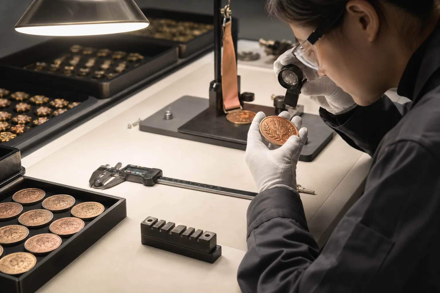 Quality inspector checking medal surfaces dimensions and ribbon attachment strength
