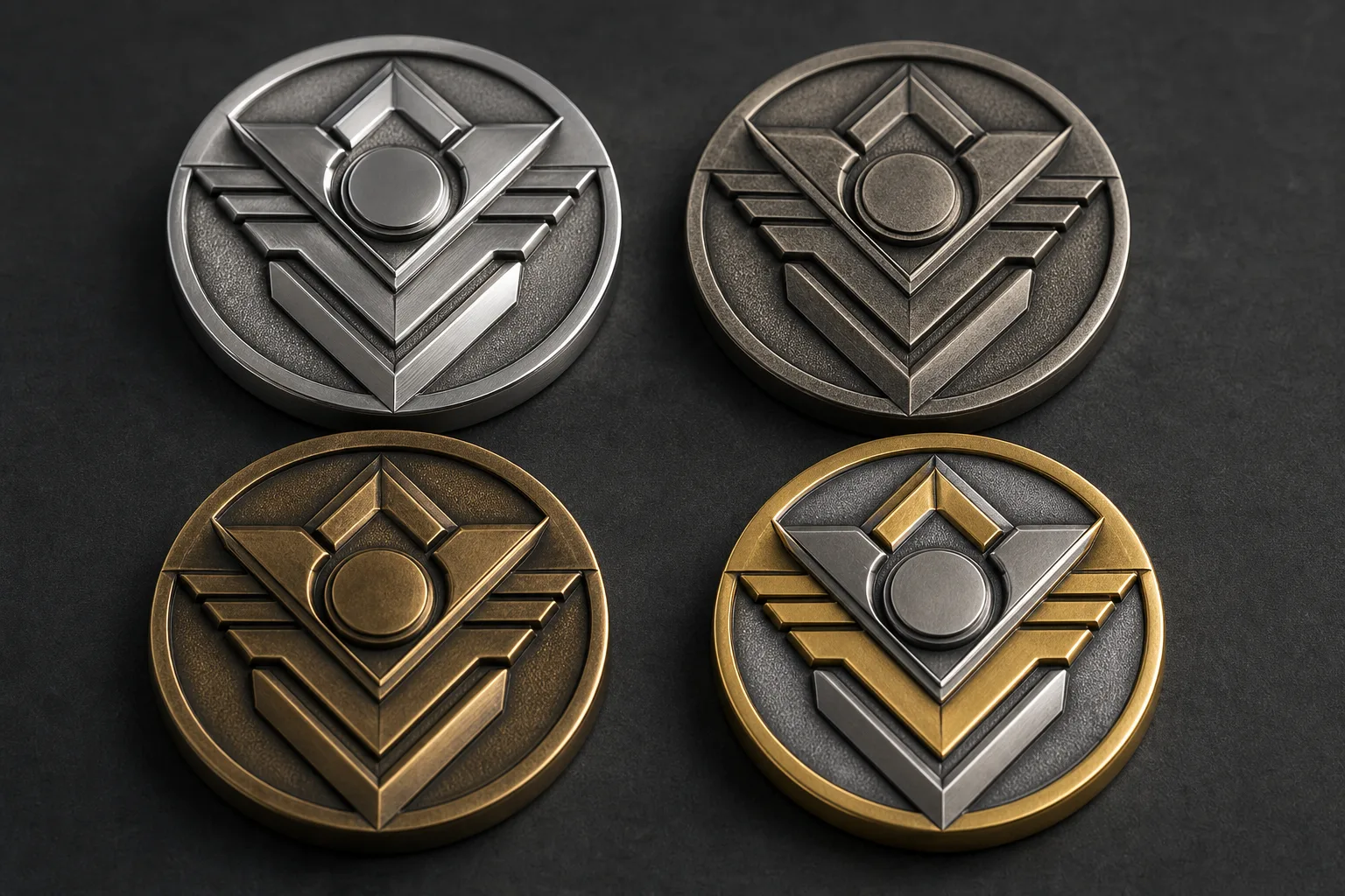Challenge coin relief shown with polished, antique, and dual-tone metal finishes