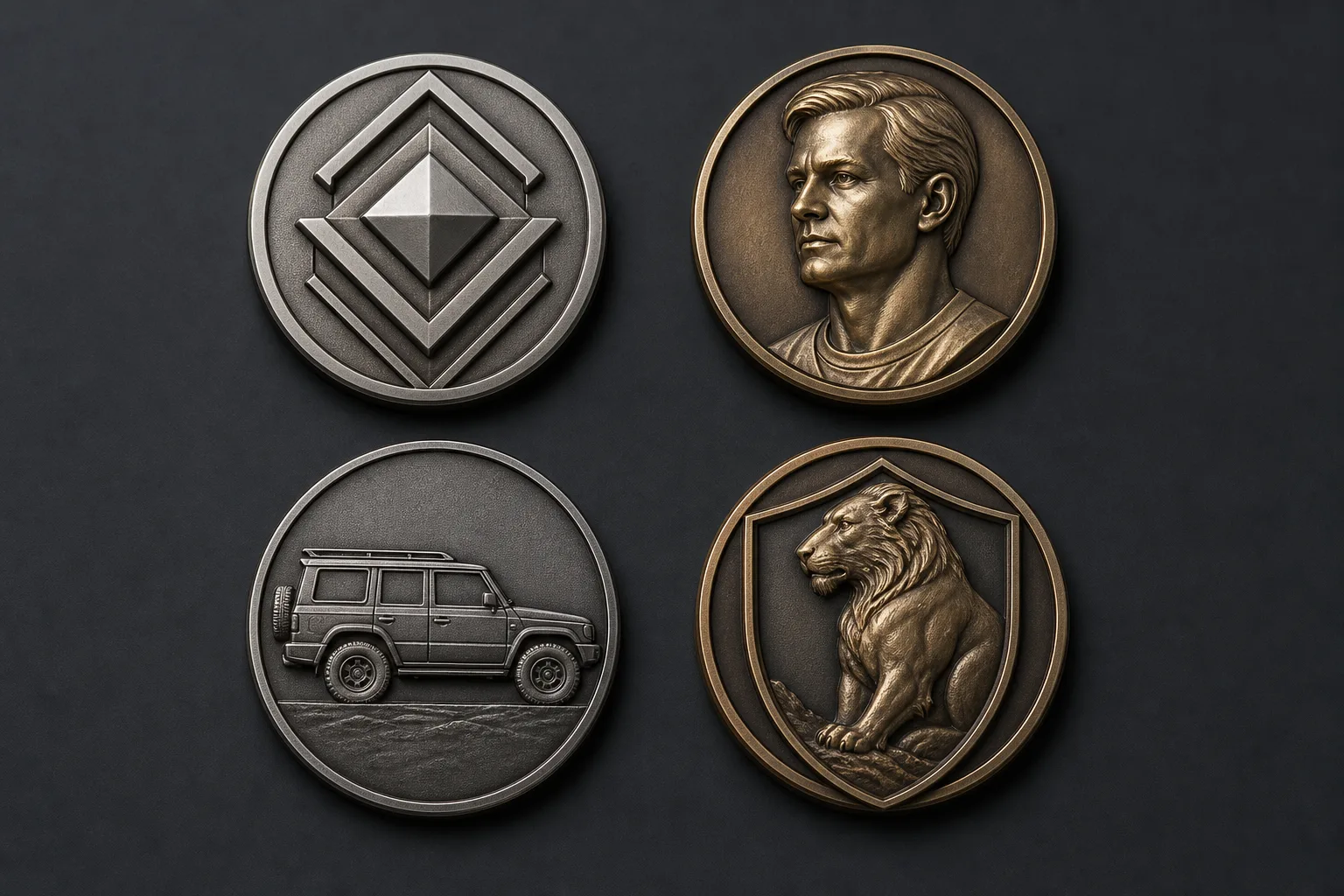 Generic logo, portrait, vehicle, and crest subjects shown with different coin relief structures