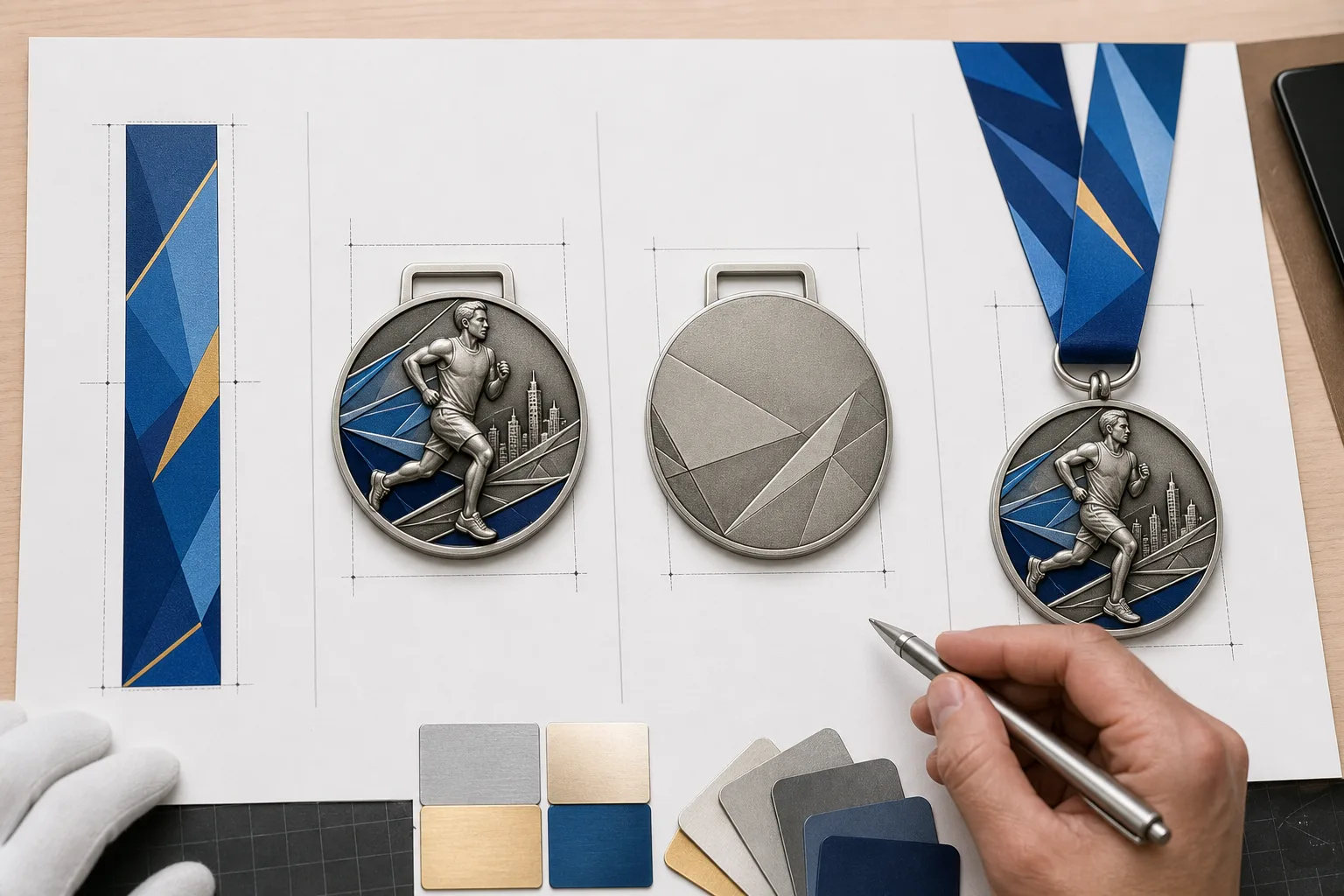 Proof set showing flat ribbon, medal front, medal back, and hanging assembly