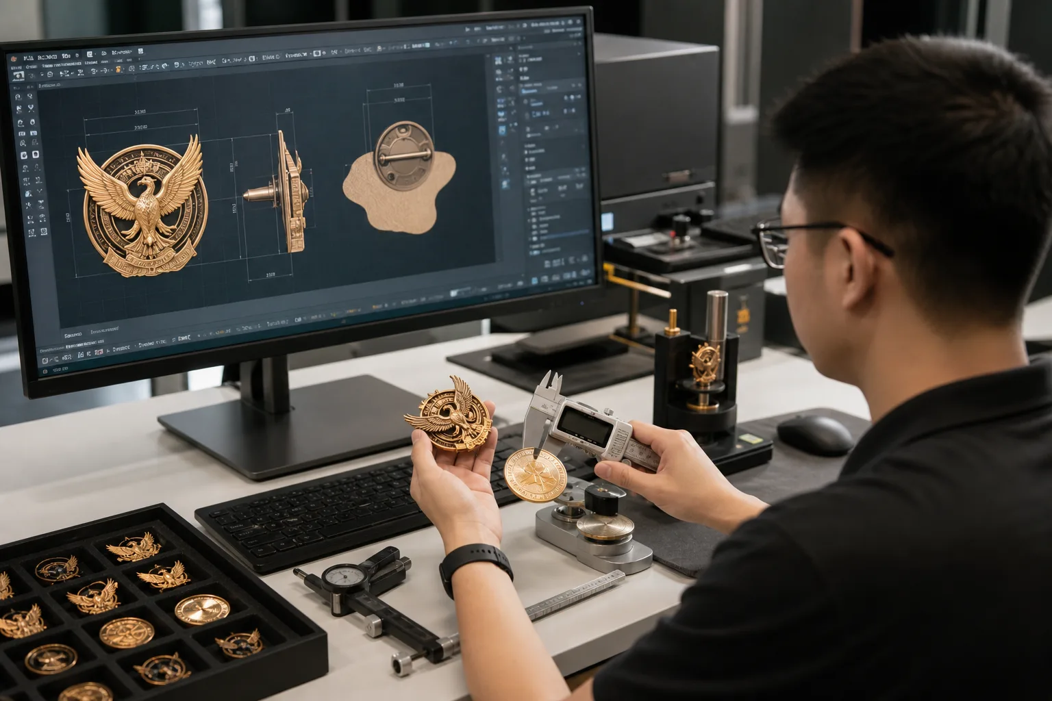 Engineer comparing submitted artwork with custom pin and coin samples