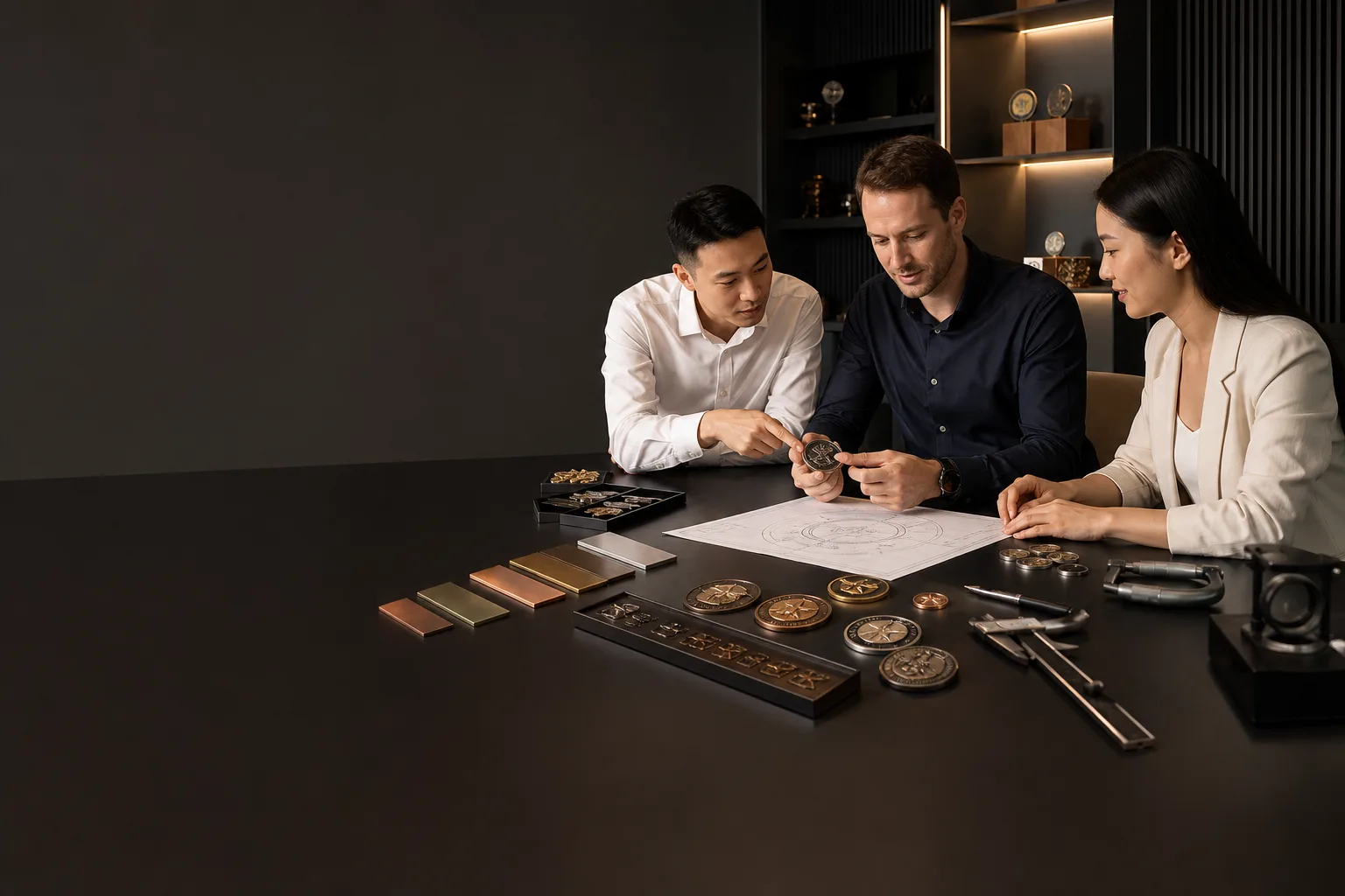 Project team reviewing custom medals and technical drawings for buyer inquiries
