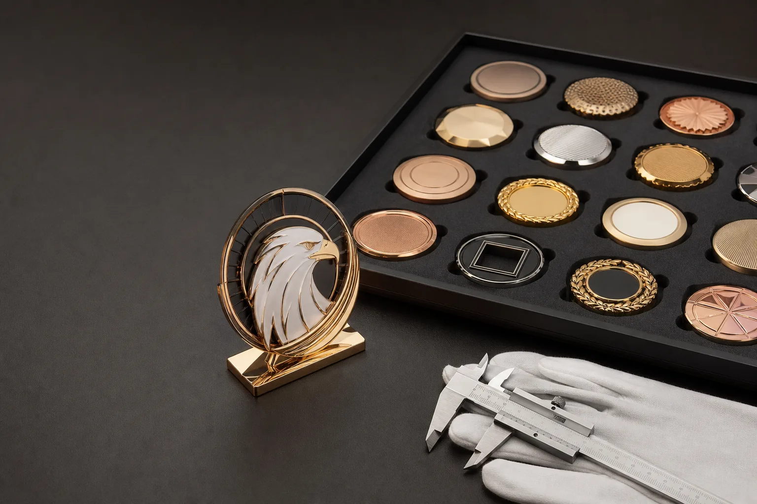 Stock metal samples displayed beside a design-specific custom prototype