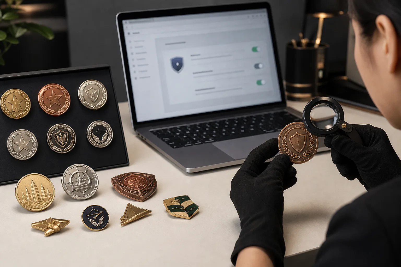Custom metal product samples beside a laptop displaying generic browser privacy controls