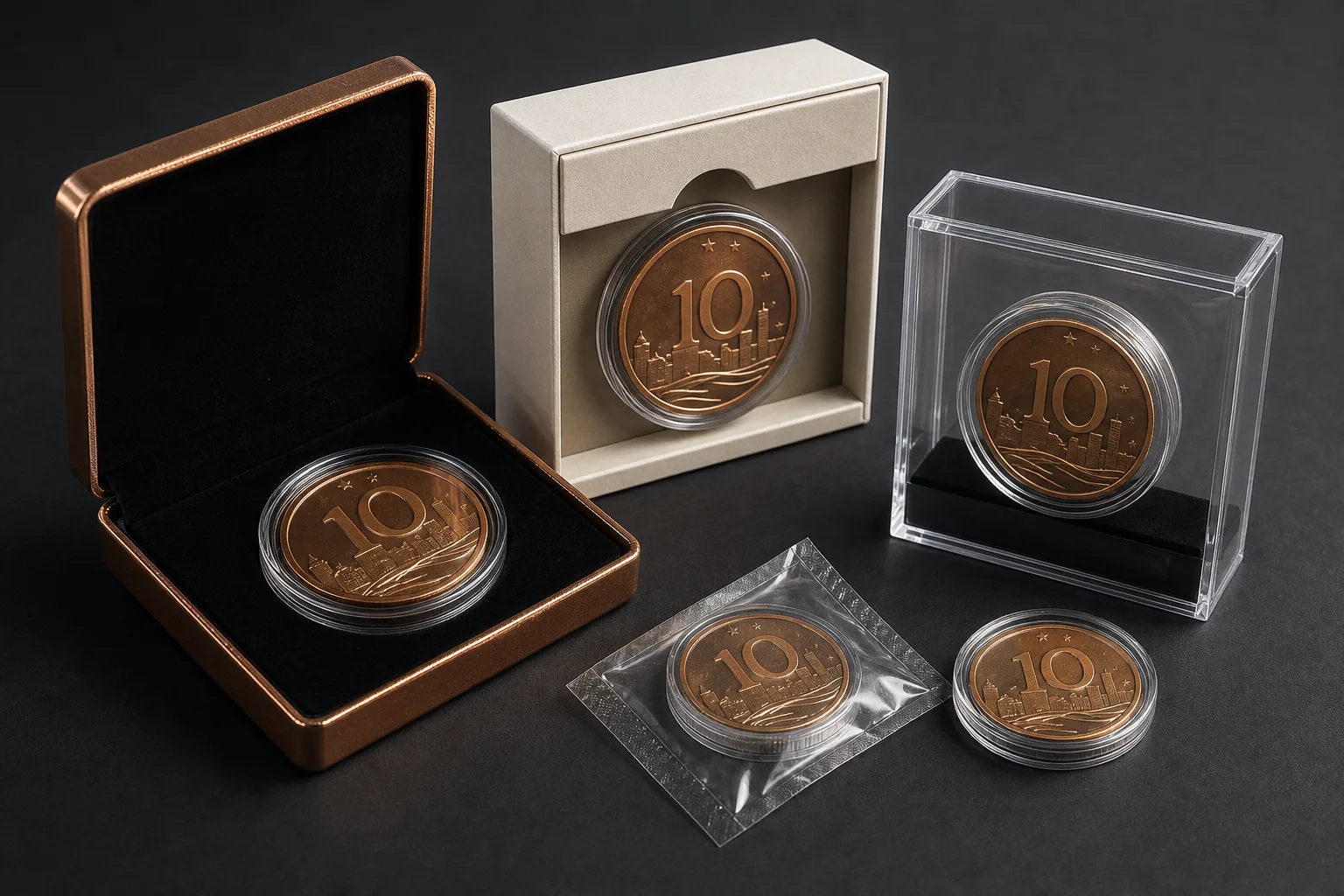 Anniversary coins presented in velvet, paper and clear display packaging options