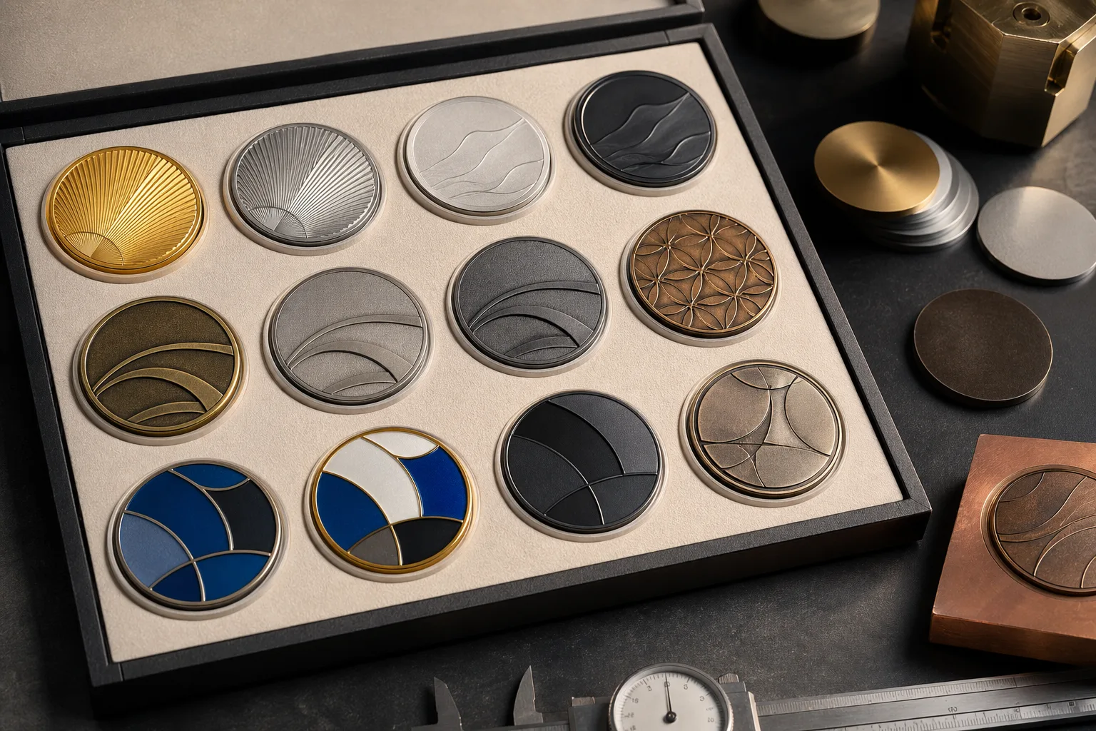 Custom coin finish samples comparing enamel colors and warm metallic surface treatments