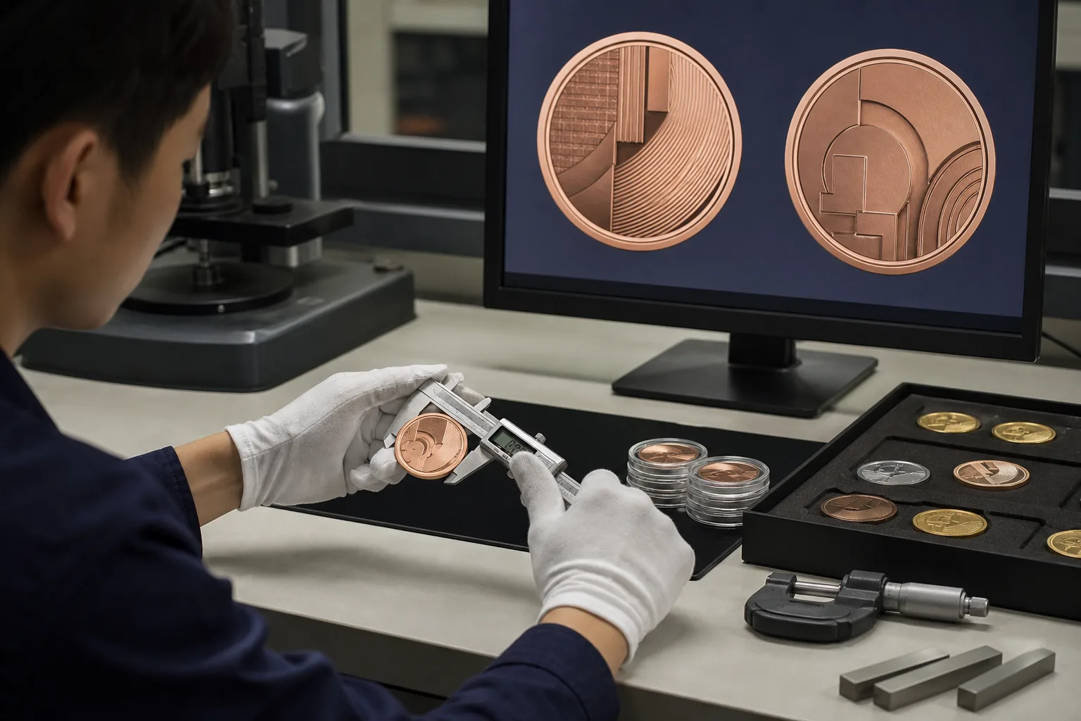 Engineer inspecting a custom coin sample beside an unbranded artwork proof